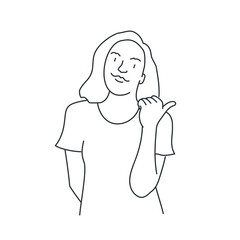 Young woman pointing her thumb to the right.