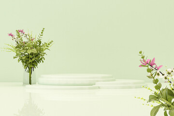 3D podium display, pastel green and beige background with leaves, flowers and decorative vases. Minimal pedestal for beauty, product, fashion. Feminine copy space template 3d render	