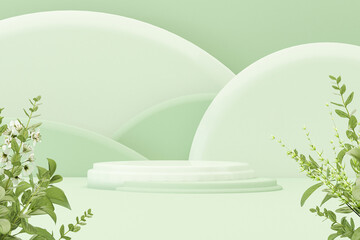 3D podium display, pastel green and beige background with leaves, flowers and decorative vases. Minimal pedestal for beauty, product, fashion. Feminine copy space template 3d render	