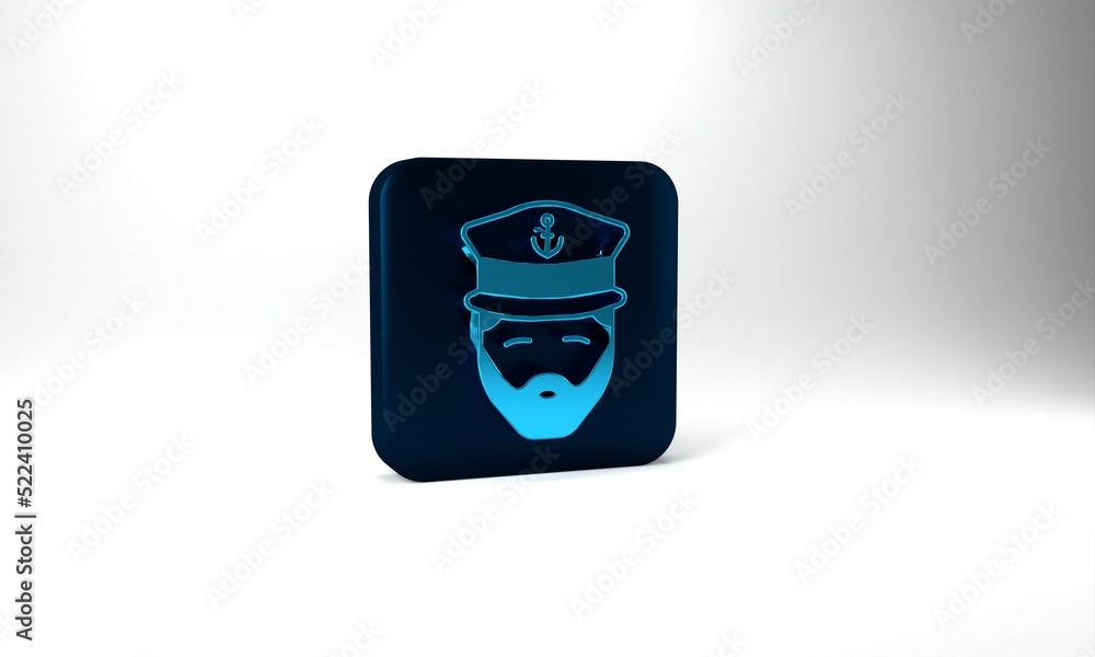 Wall mural Blue Captain of ship icon isolated on grey background. Travel tourism nautical transport. Voyage passenger ship, cruise liner. Blue square button. 3d illustration 3D render