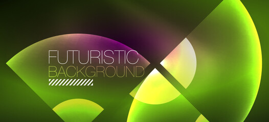 Abstract background with neon glowing light effects. Round shapes, triangles and circles. Wallpaper for concept of AI technology, blockchain, communication, 5G, science, business and technology