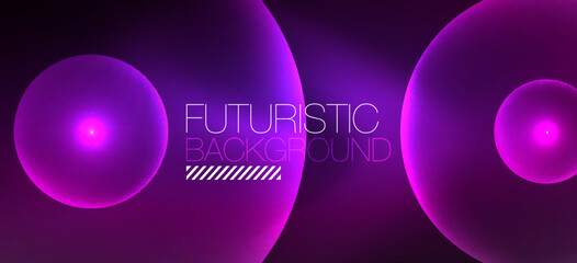 Shiny neon geometric abstract background. Glowing lights on round shapes, triangles and circles. Wallpaper for concept of AI technology, blockchain, communication, 5G, science, business