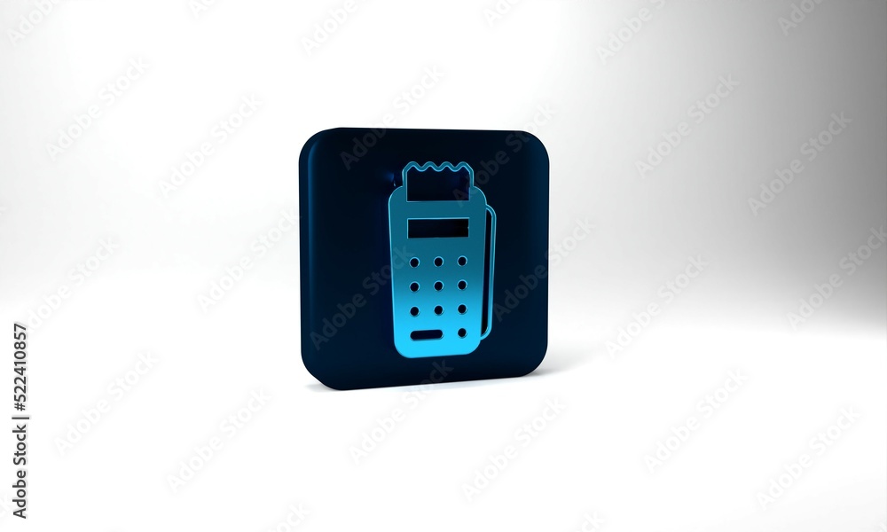 Poster blue pos terminal with inserted credit card and printed reciept icon isolated on grey background. nf