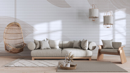 Japandi living room in white and beige tones with copy space. Sofa and hanging armchair. Wabi sabi...