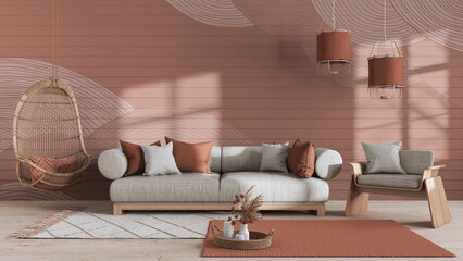 Japandi living room in white and orange tones with copy space. Sofa and hanging armchair. Wabi sabi interior design