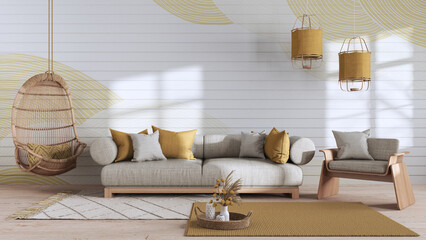 Japandi living room in white and yellow tones with copy space. Sofa and hanging armchair. Wabi sabi interior design