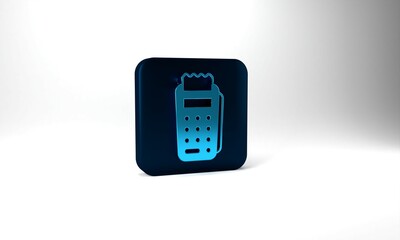 Blue POS terminal with inserted credit card and printed reciept icon isolated on grey background. NFC payment concept. Blue square button. 3d illustration 3D render