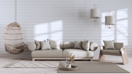 Japandi living room in white and bleached wood tones with copy space. Sofa and hanging armchair. Wabi sabi interior design