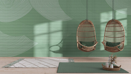Home interior design in japanese style in white and green tones, wabi sabi living room, wall mockup, rattan hanging chairs with decors