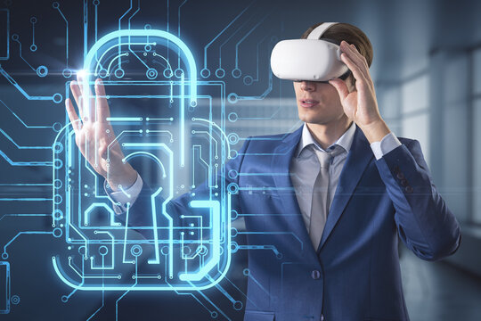 businessman with VR glasses and creative glowing padlock circuit security hologram on blurry background. Safety, augmented reality and web protection concept. Double exposure.