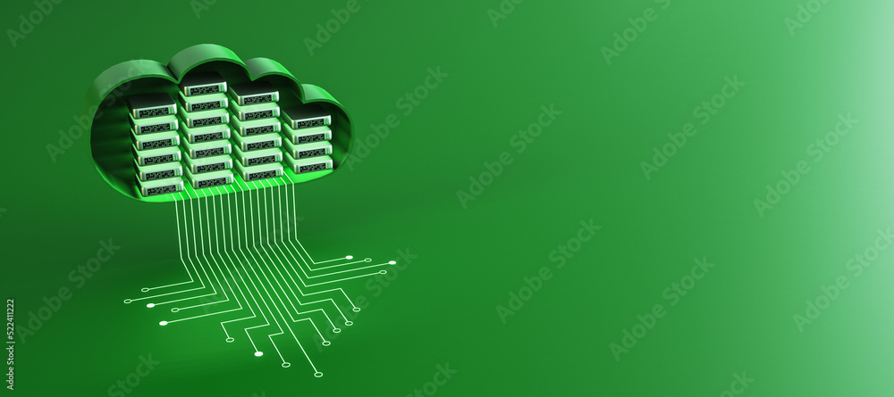 Aufkleber Abstract server room circuit cloud on green background with mock up place. Data storage and database concept. 3D Rendering.