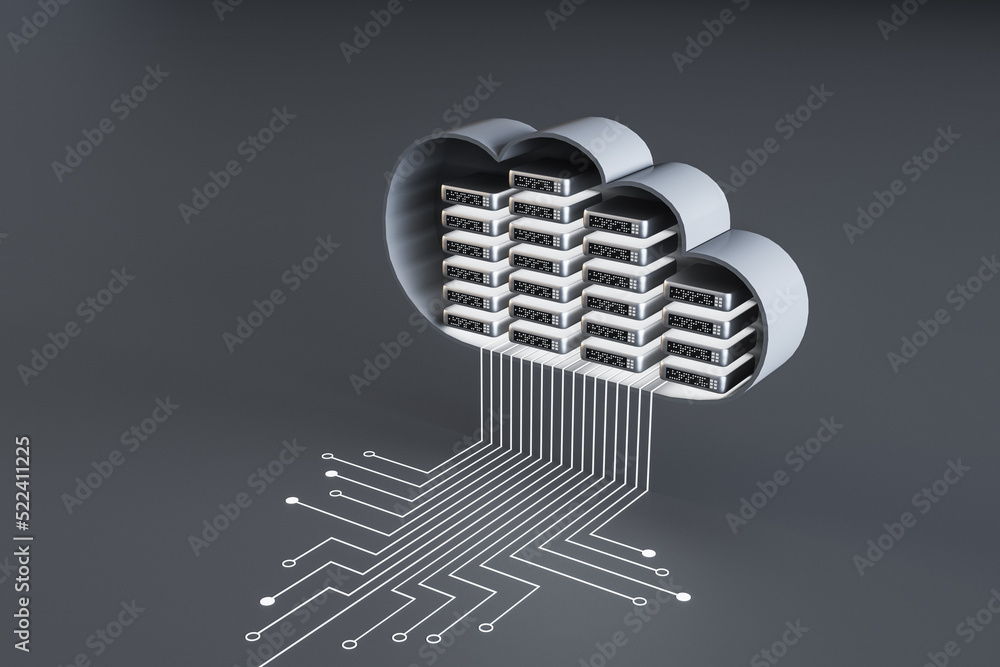 Poster Abstract server room circuit cloud on gray background. Data storage and database concept. 3D Rendering.