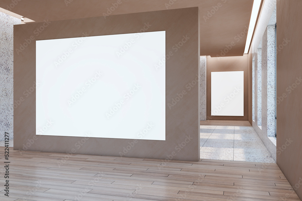 Poster contemporary wooden and marble illuminated gallery interior with empty white mock up banner and refl