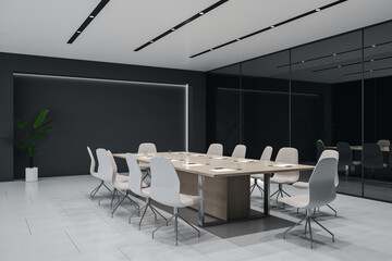 Contemporary glass meeting room interior with furniture and reflections. Law and legal, commercial workplace concept. 3D Rendering.