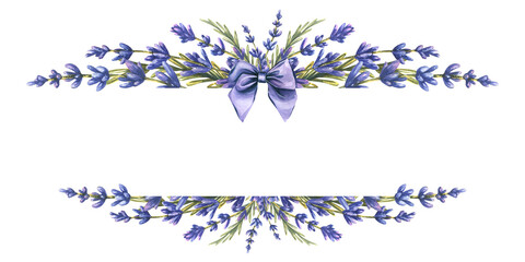 Horizontal frame with lavender flowers and twigs and a satin bow. Watercolor illustration. Board from a large set of LAVENDER SPA. For registration and design of certificates, invitations, postcards © NATASHA-CHU