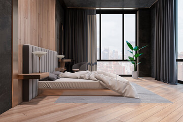 Light wooden and concrete stylish hotel bedroom interior with window and city view. Design concept. 3D Rendering.