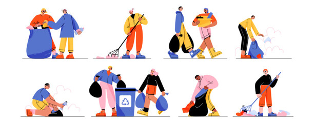 People collect trash, volunteers characters clean up rubbish and garbage for recycling. Ecology, nature protection, volunteering and social charity concept, Line art vector illustration isolated set