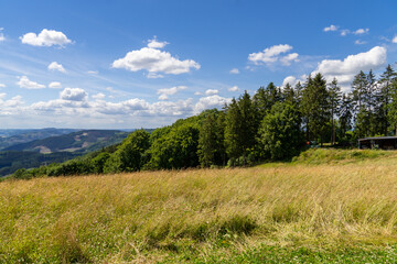 Fototapeta na wymiar Landscape at Schomberg in Sauerland. Nature with forests and hiking trails near Sundern on the Lennegebirge. 