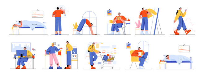 Man routine, daily life, schedule habits set. Male character sleep, brushing teeth, exercising, eat breakfast, dress up, go at job, work in office, shopping, relax, Line art flat vector illustration