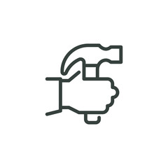 Thin Outline Icon Human Hand Holding a Hammer, Malleus. Claw Hammer in Arm. Such Line Sign as Master's Services, Repair Work, Shockproof. Vector Pictograms for Web on White Background Editable Stroke.