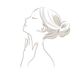 首筋に手を添える横顔の女性 - 首まわり　ナチュラル　上向き