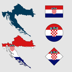 Vector of Croatia country outline silhouette with flag set isolated on white background. Collection of Croatia flag icons with square, circle, rectangle and map shapes.