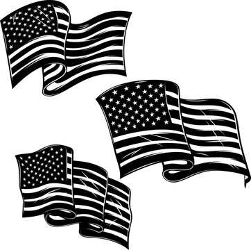 Set of illustration of american flags. Design element for poster, card, banner, sign, logo. Vector illustration