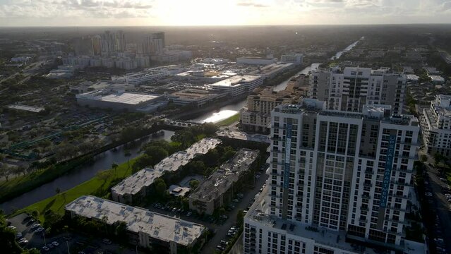 Beautiful Aerial Footage Of The Miami - Orlando - For Lauderdale Condominium Building - Suburbs And Mall In The Sunset 