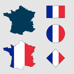 Vector of France country outline silhouette with flag set isolated on white background. Collection of France flag icons with square, circle, rectangle and map shapes.