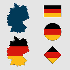 Vector of Germany country outline silhouette with flag set isolated on white background. Collection of Germany flag icons with square, circle, rectangle and map shapes.