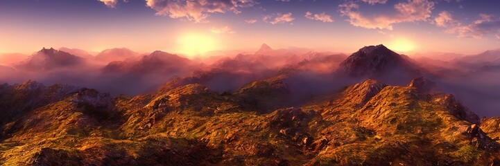 Naklejka na ściany i meble Sunrise in the mountains, beautiful landscape. Morning fog flows down the slopes of the mountains. Panorama of mountain peaks and ridges. 3d illustration