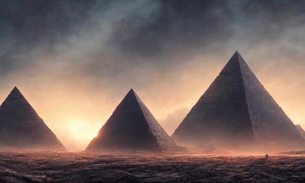 Mysterious pyramids, ancient civilization, mystical landscape. 3d illustration
