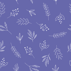 leaves seamless pattern hand drawn doodle. vector, minimalism, scandinavian, monochrome, trendy colors 2022. simple abstract plants. wallpaper, wrapping paper, textiles, background.