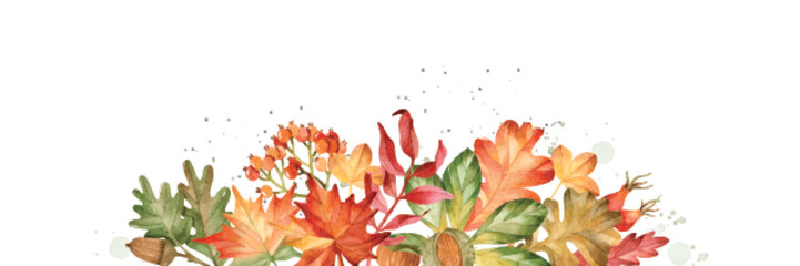 Fall leaves watercolor banner isolated border 