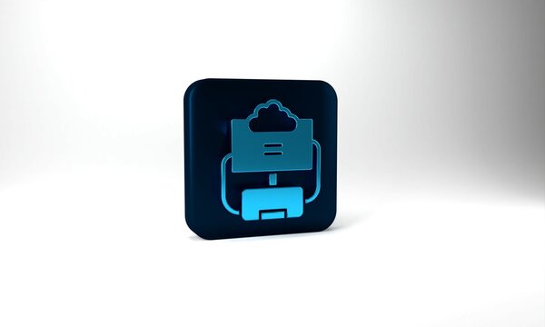 Blue Cloud database icon isolated on grey background. Cloud computing concept. Digital service or app with data transferring. Blue square button. 3d illustration 3D render