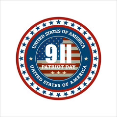 USA Never Forget September 11, 2001. Vector label for Patriot Day USA sticker or emblem. Round sign with USA flag