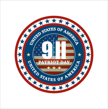 USA Never Forget September 11, 2001. Vector label for Patriot Day USA sticker or emblem. Round sign with USA flag