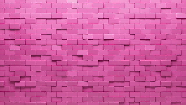 Pink, Semigloss Mosaic Tiles arranged in the shape of a wall. Rectangular, 3D, Blocks stacked to create a Futuristic block background. 3D Render