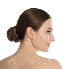 Beautiful woman after facelift cosmetic surgery procedure on white background