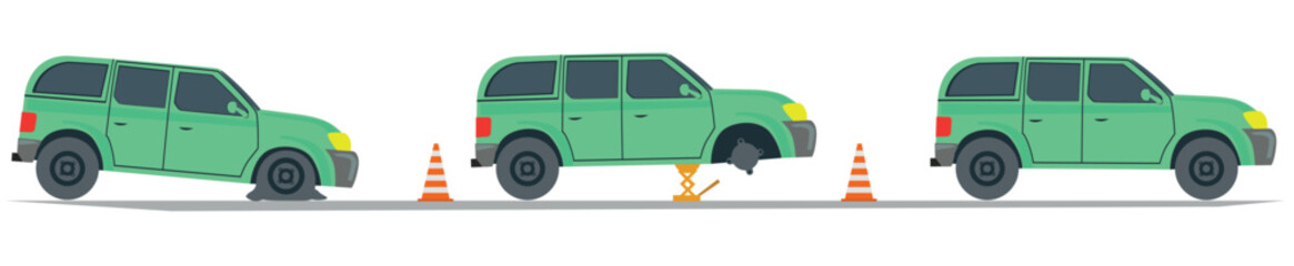 Collage with images of car with damaged tyre and repaired on white background, illustration. Banner design © New Africa