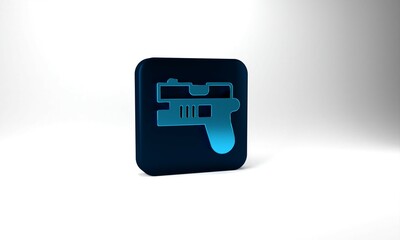 Blue Futuristic space gun blaster icon isolated on grey background. Laser Handgun. Alien Weapon. Blue square button. 3d illustration 3D render