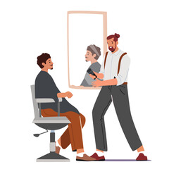 Hairdresser Barber Do Haircut to Male Client In Men Beauty Salon or Barbershop. Customer Sitting front of the Mirror