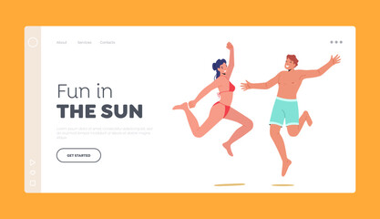 Man and Woman Having Fun on Summer Vacation Landing Page Template. Happy People Characters Jumping with Hands Up