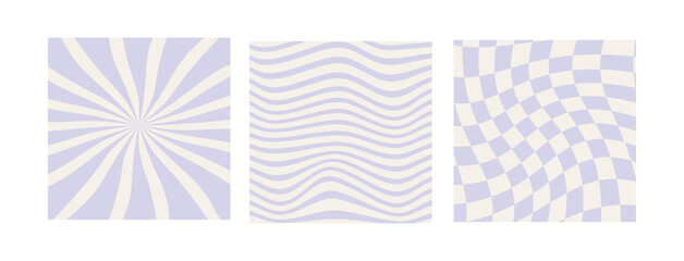 Set of checkerboard, wavy and sun rays backgrounds in pale pastel violet color. Groovy hippie chessboard pattern. Retro 60s 70s psychedelic wavy design. Gingham vector wallpaper collection templates.