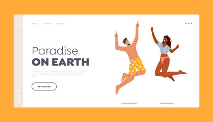 Naklejka premium Summer Vacation Landing Page Template. Happy Couple Jump, Rejoice, Celebrate Beach Party. Smiling Young Man and Woman
