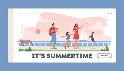 Summertime Landing Page Template. Happy Family Characters Walking along Embankment with Seaview and Floating Yacht