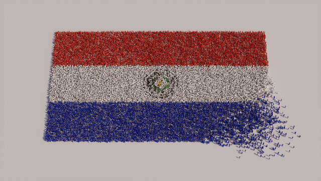 Aerial view of a Crowd of People, gathering to form the Flag of Paraguay. Paraguayan Banner on White Background.