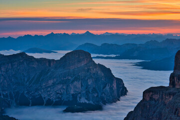 Fototapeta na wymiar Sunset from Rifugio Boè over Alta Badia, Alta Via 2, Dolomites, Italy