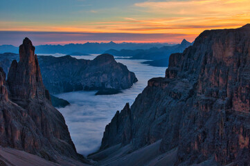 Sunset from Rifugio Boè over Alta Badia, Alta Via 2, Dolomites, Italy