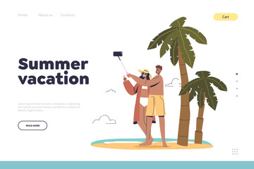 Fototapeta premium Summer vacation concept of landing page with happy couple of tourists taking selfie photo on beach